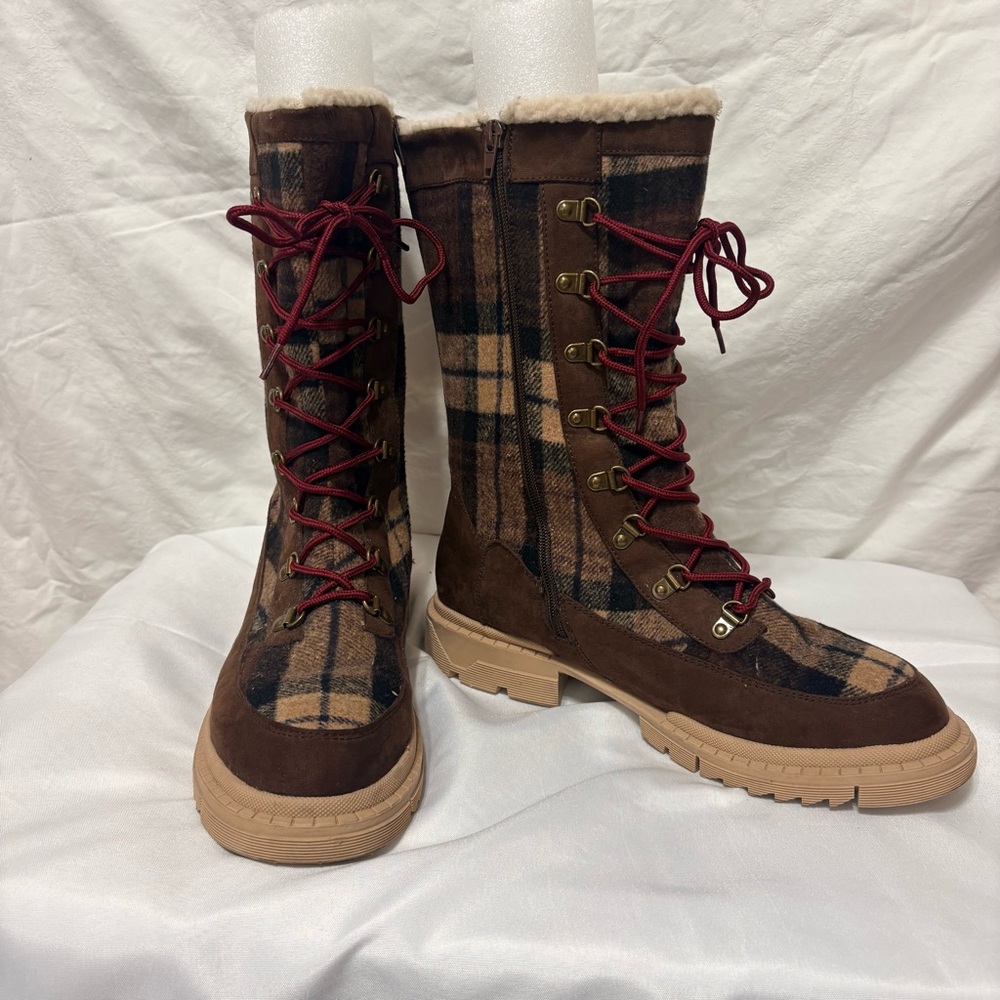 Hayleigh Lace-Up Winter Boots in a brown plaid pattern. - Picture 2 of 13